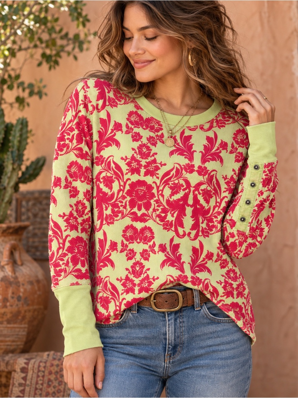 Sundance Boho Floral Thermal Top Pink Green Petite Small Long Sleeve NEW